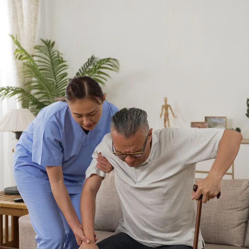 Japanese woman in-home care attendant assisting senior male to stand up from the sofa at home. the senior patient using a crutch is feeling great pain in his knee joints